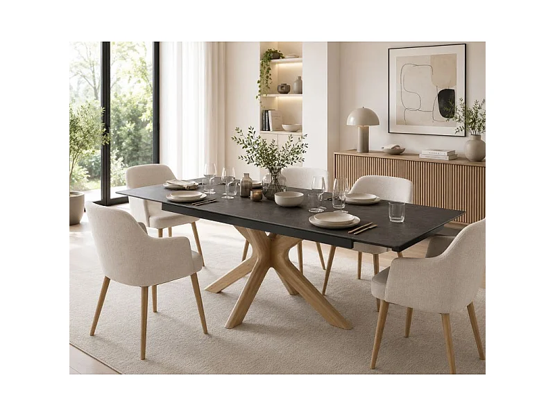Table extensible 180 à 260 cm céramique gris anthracite pied croisé bois clair - UTAH 12