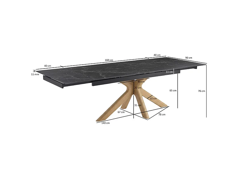 Table extensible 160 à 240 cm céramique noir marbré pied croisé bois clair - INDIANA 12