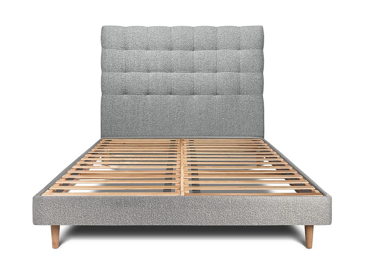 Lit 140x200cm avec tête de lit capitonnée bouclette et sommier kit Gris - Hauteur totale : 29cm
