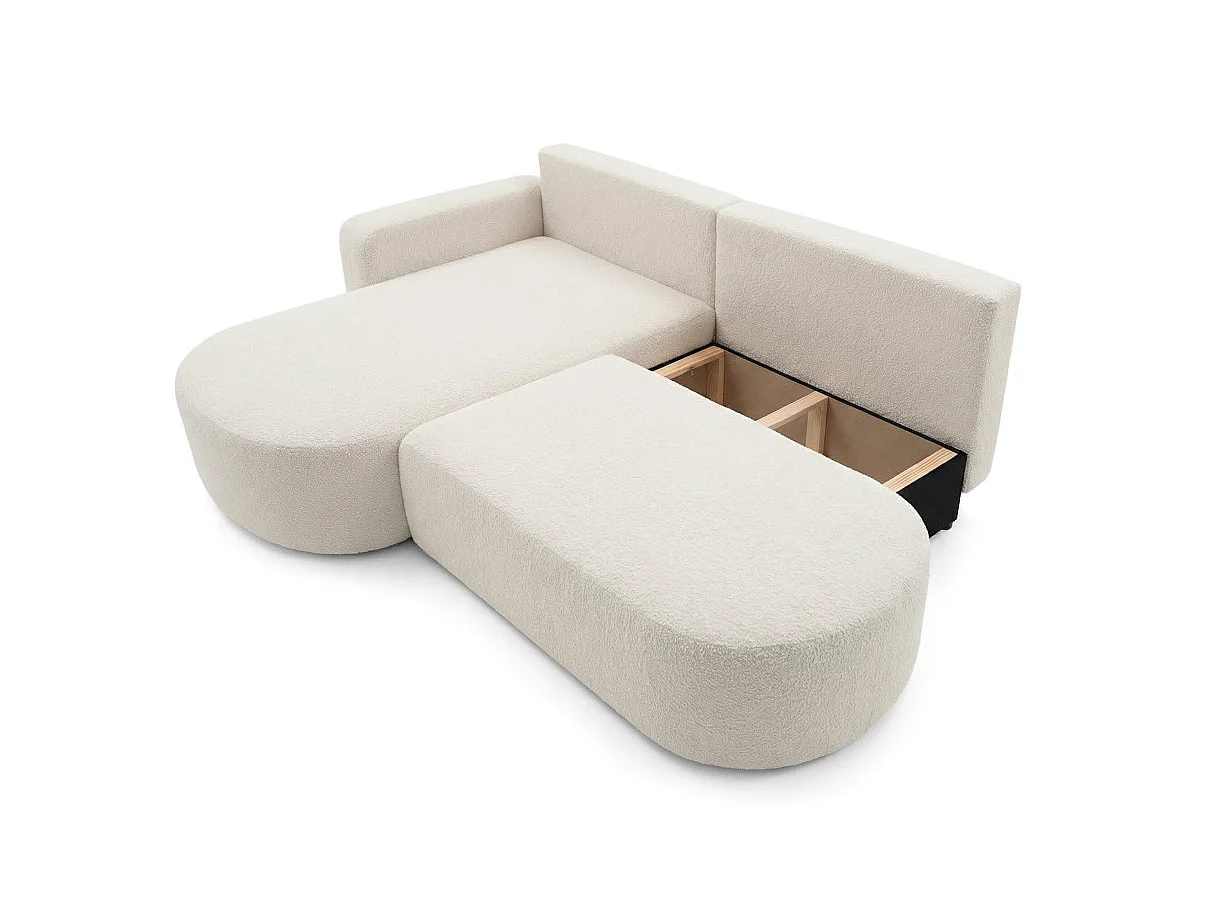 Canapé d'angle gauche 3 places convertible avec coffre en tissu bouclette blanc IRIS