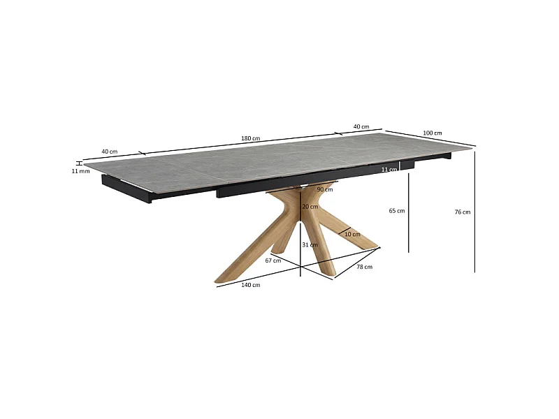 Table extensible 180 à 260 cm céramique gris marbré pied croisé bois clair - ARIZONA 12