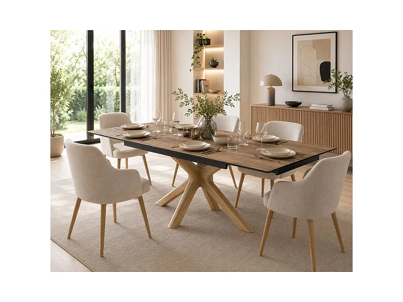 Table extensible 180 à 260 cm céramique effet bois pied croisé bois clair - TEXAS 12