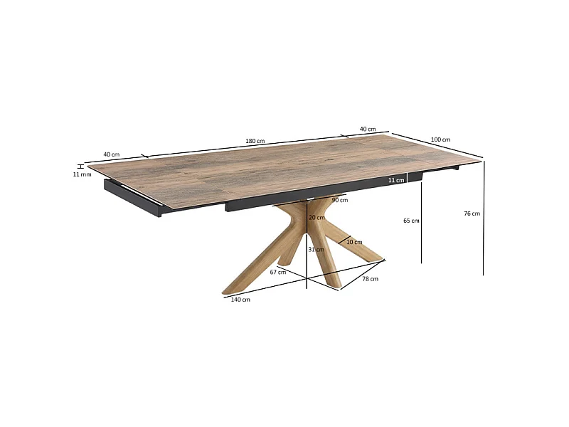 Table extensible 180 à 260 cm céramique effet bois pied croisé bois clair - TEXAS 12