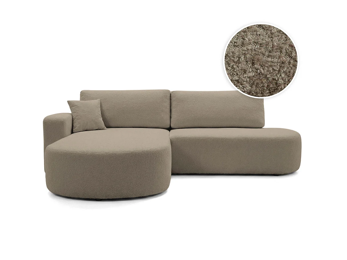 Canapé d'angle gauche 3 places convertible avec coffre en tissu bouclette taupe IRIS