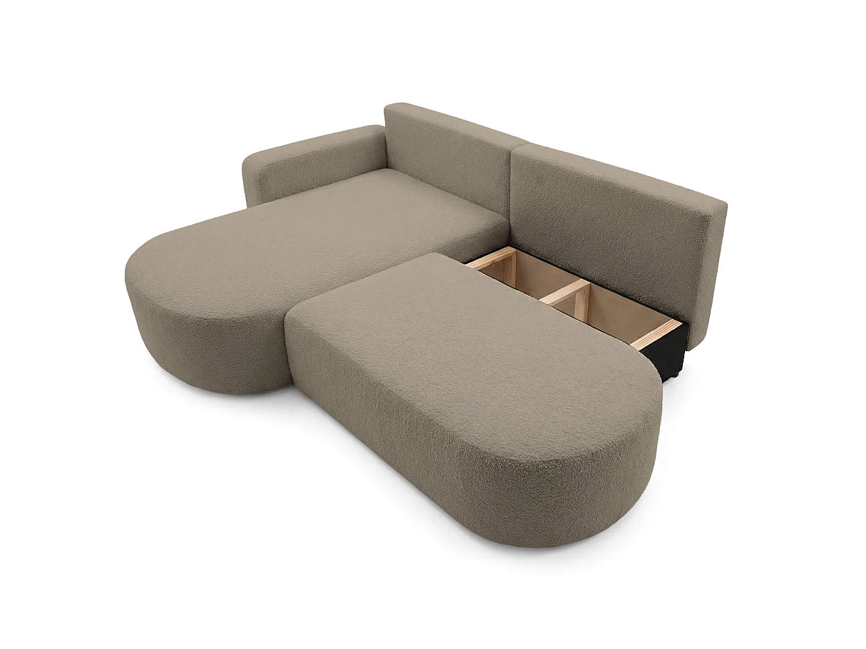Canapé d'angle gauche 3 places convertible avec coffre en tissu bouclette taupe IRIS