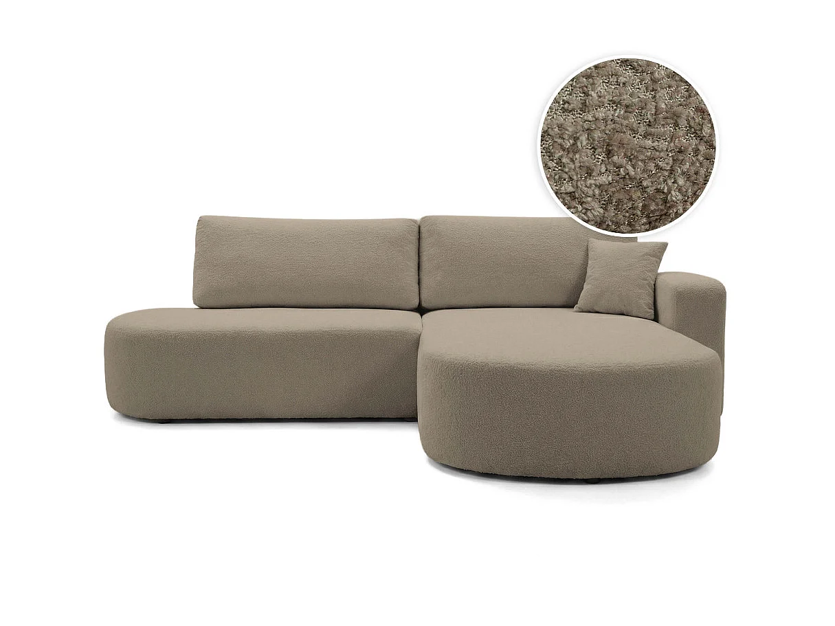 Canapé d'angle droit 3 places convertible avec coffre en tissu bouclette taupe IRIS