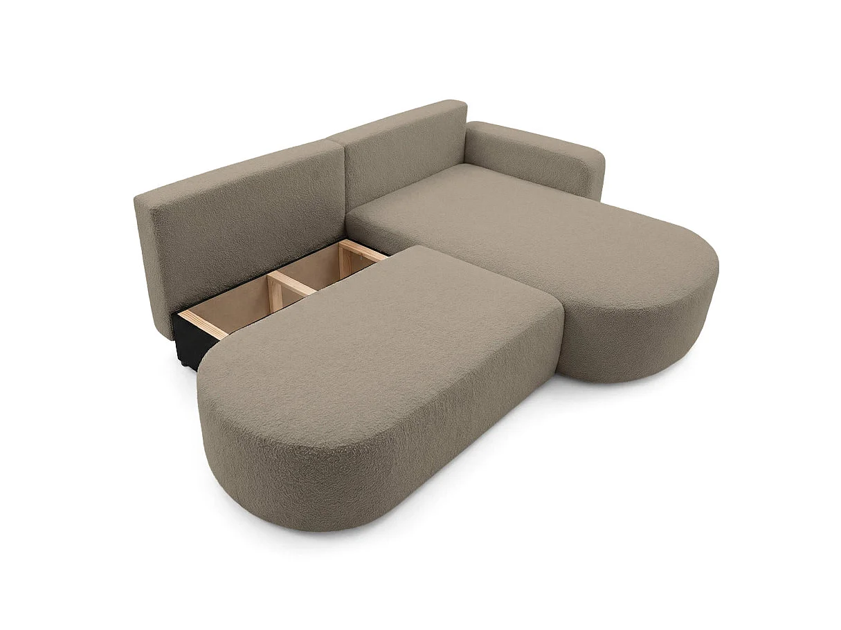 Canapé d'angle droit 3 places convertible avec coffre en tissu bouclette taupe IRIS