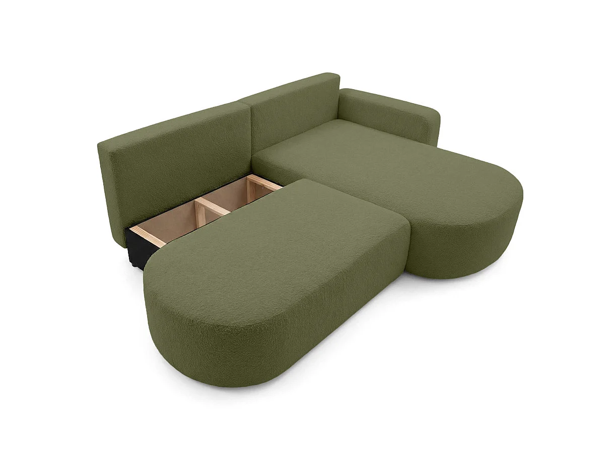 Canapé d'angle droit 3 places convertible avec coffre en tissu bouclette vert IRIS