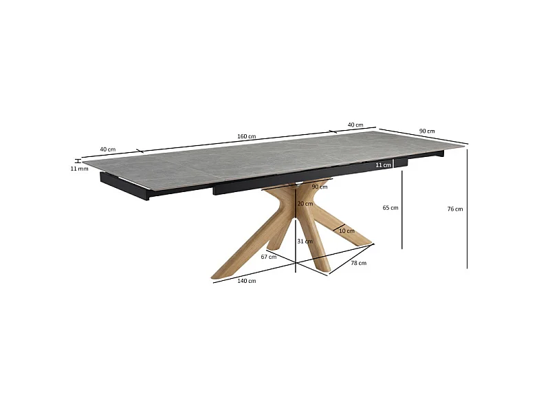 Table extensible 160 à 240 cm céramique gris marbré pied croisé bois clair - ARIZONA 12