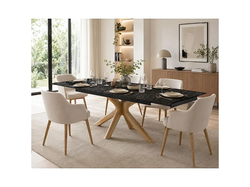Table extensible 180 à 260 cm en verre bullé gris pied croisé bois clair - ATLANTA 12