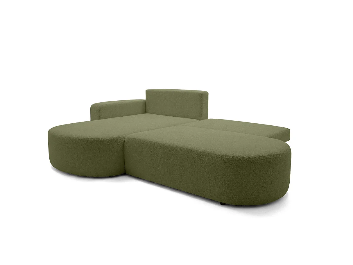 Canapé d'angle gauche 3 places convertible avec coffre en tissu bouclette vert IRIS
