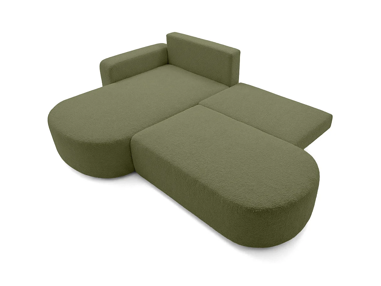 Canapé d'angle gauche 3 places convertible avec coffre en tissu bouclette vert IRIS