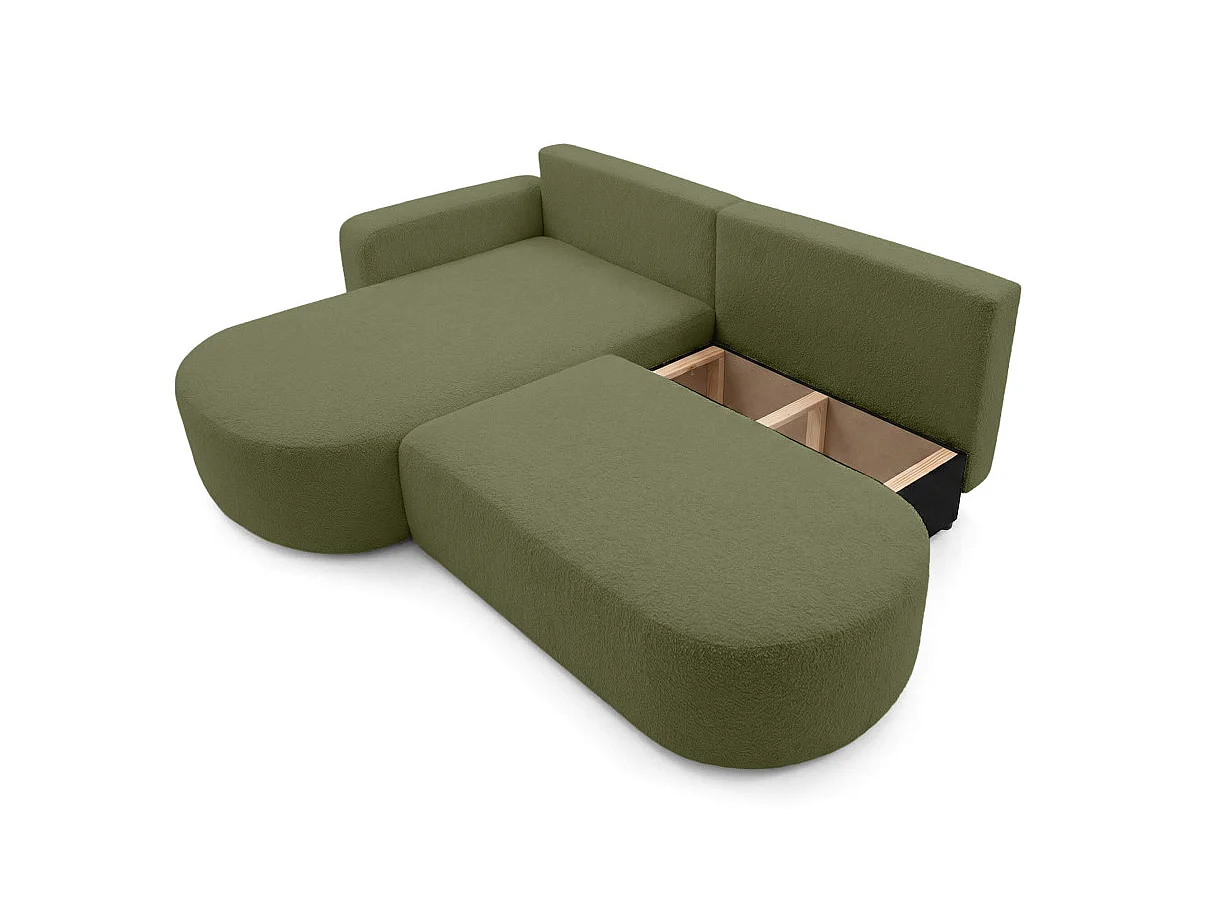 Canapé d'angle gauche 3 places convertible avec coffre en tissu bouclette vert IRIS
