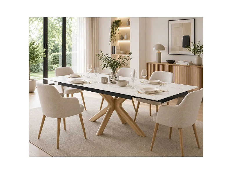 Table extensible 180 à 260 cm en céramique blanc marbré pied croisé bois clair - NEVADA 12