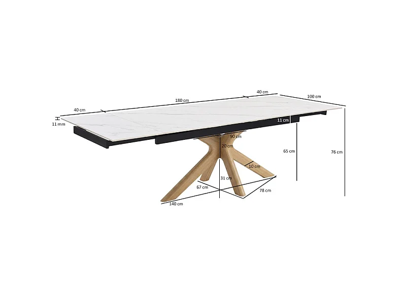 Table extensible 180 à 260 cm en céramique blanc marbré pied croisé bois clair - NEVADA 12