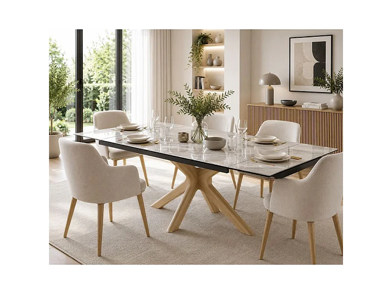 Table extensible 180 à 260 cm céramique gris marbré laqué pied croisé bois clair - DAKOTA 12