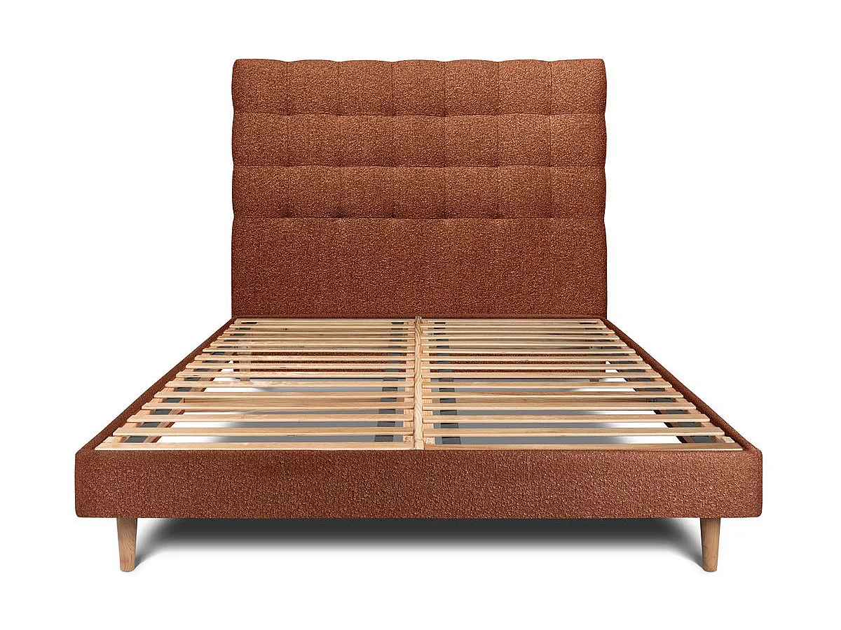 Lit 140x200cm avec tête de lit capitonnée bouclette et sommier kit Terracotta - Hauteur totale : 29cm