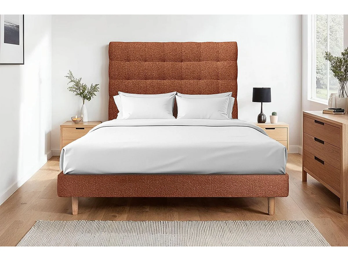 Lit 140x200cm avec tête de lit capitonnée bouclette et sommier kit Terracotta - Hauteur totale : 29cm