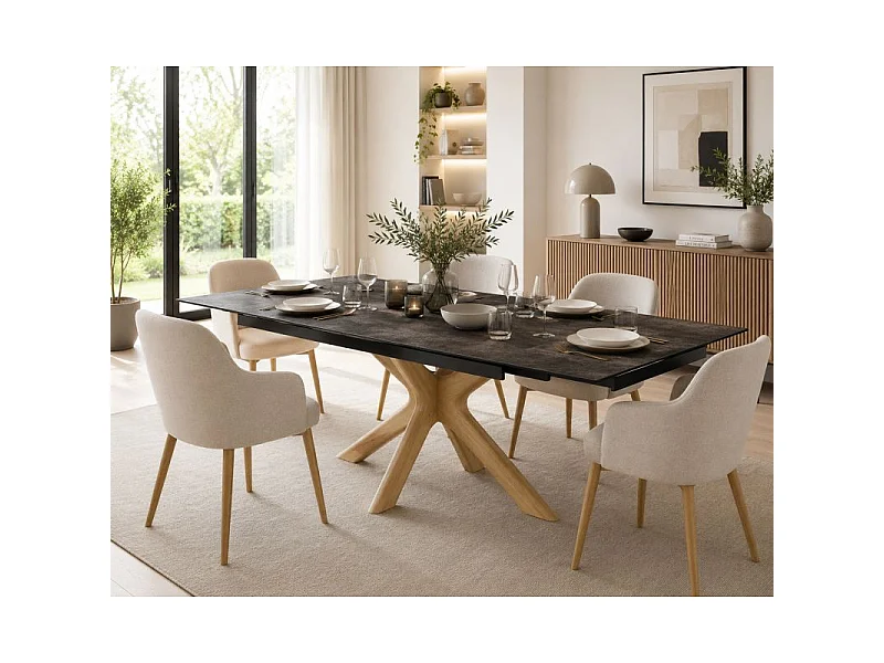 Table extensible 180 à 260 cm céramique Gris Vieilli pied croisé bois clair - MAINE 12