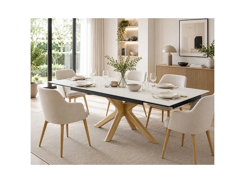 Table extensible 180 à 260 cm céramique blanc pied croisé bois clair - OREGON 12