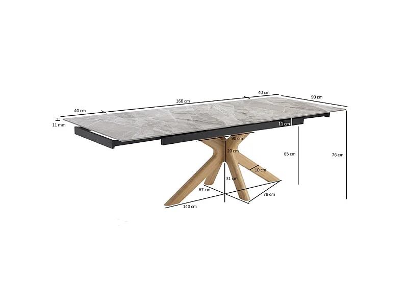 Table extensible 160 à 240 cm céramique gris marbré laqué pied croisé bois clair - DAKOTA 12