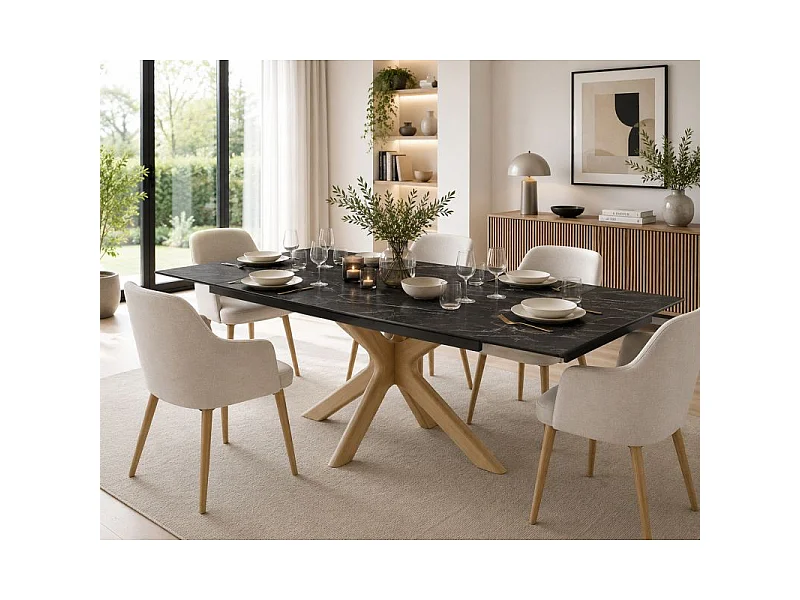 Table extensible 180 à 260 cm céramique noir marbré pied croisé bois clair - INDIANA 12