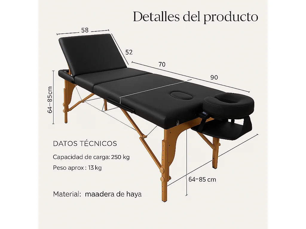 Opvouwbare 2-Zone Zwarte Houten Massage Tafel met Verstelbare Hoogte