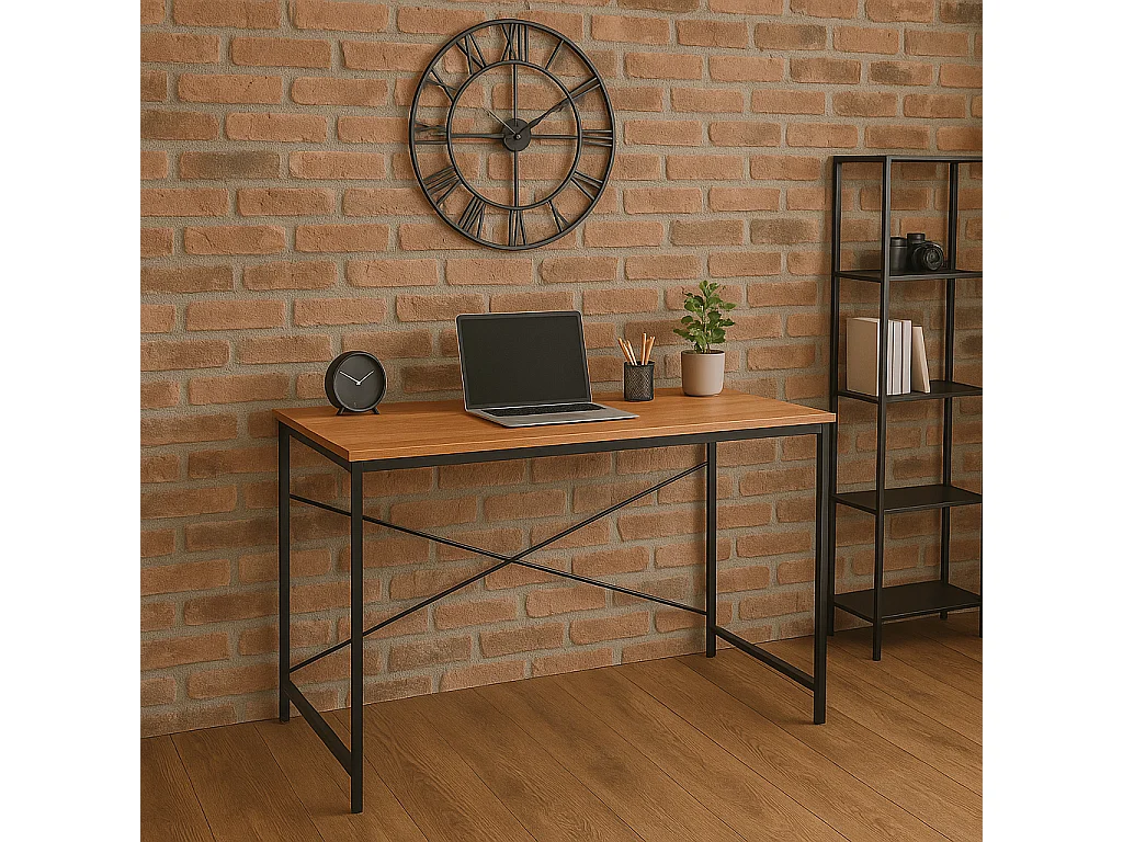 Table industrielle en bois et métal noir pour bureau ou intérieur moderne