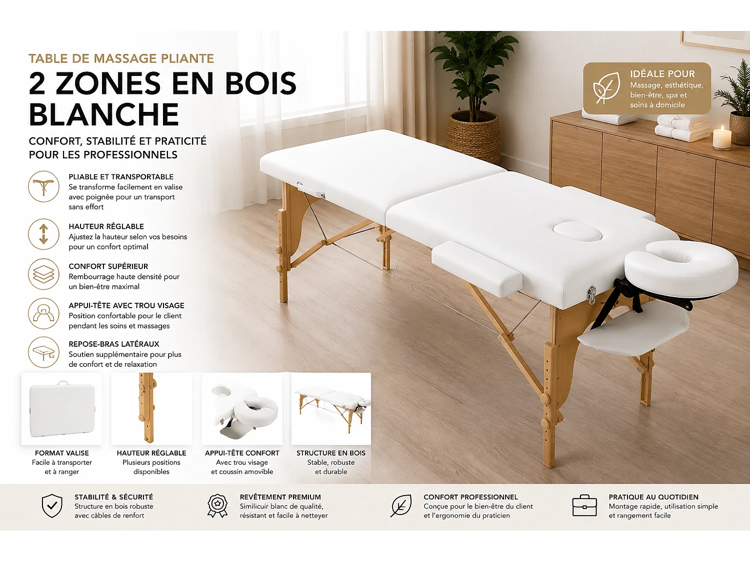 Opvouwbare 2-Zone Witte Houten Massage Tafel met Verstelbare Hoogte