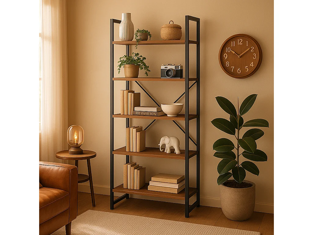 Bibliothèque industrielle 5 niveaux en bois foncé et métal noir 159 cm – HAAN