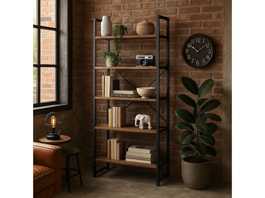 Bibliothèque industrielle 5 niveaux en bois foncé et métal noir 159 cm – HAAN
