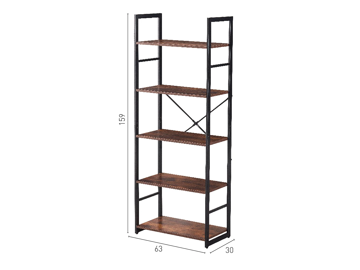 Bibliothèque industrielle 5 niveaux en bois foncé et métal noir 159 cm – HAAN