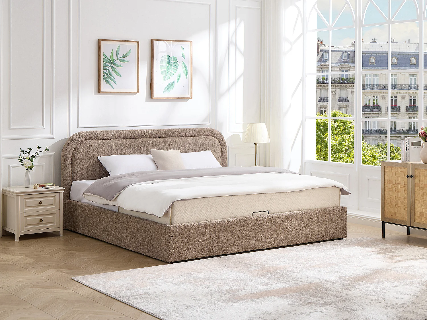 Lit coffre 200 x 200 cm - Tissu bouclette - Taupe + Matelas – FIDOZIA