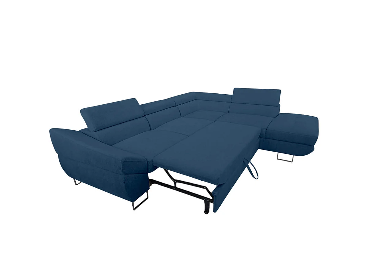 Canapé d'angle droit convertible 5 places avec coffre en tissu bleu CASSIOPE
