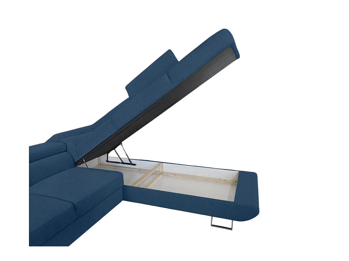 Canapé d'angle droit convertible 5 places avec coffre en tissu bleu CASSIOPE