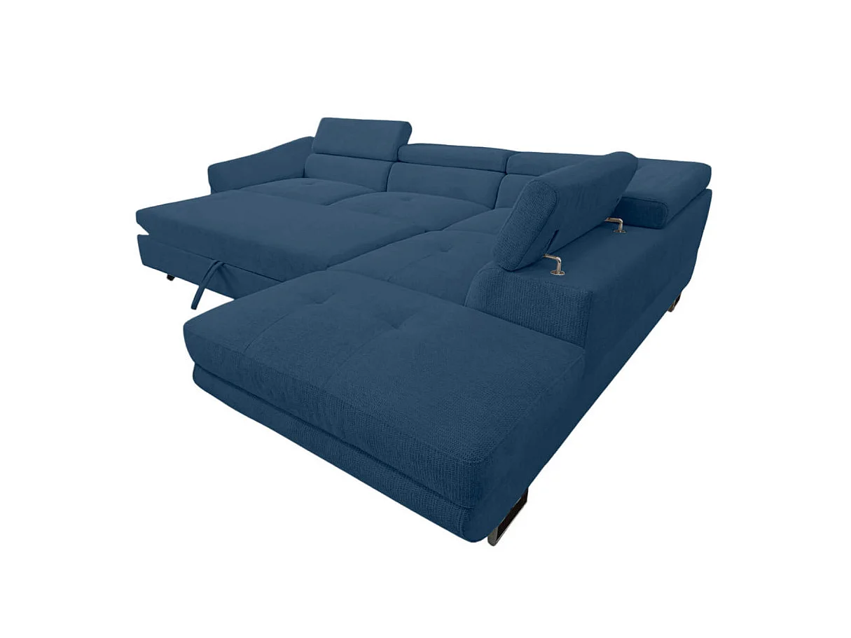 Canapé d'angle droit convertible 5 places avec coffre en tissu bleu CASSIOPE
