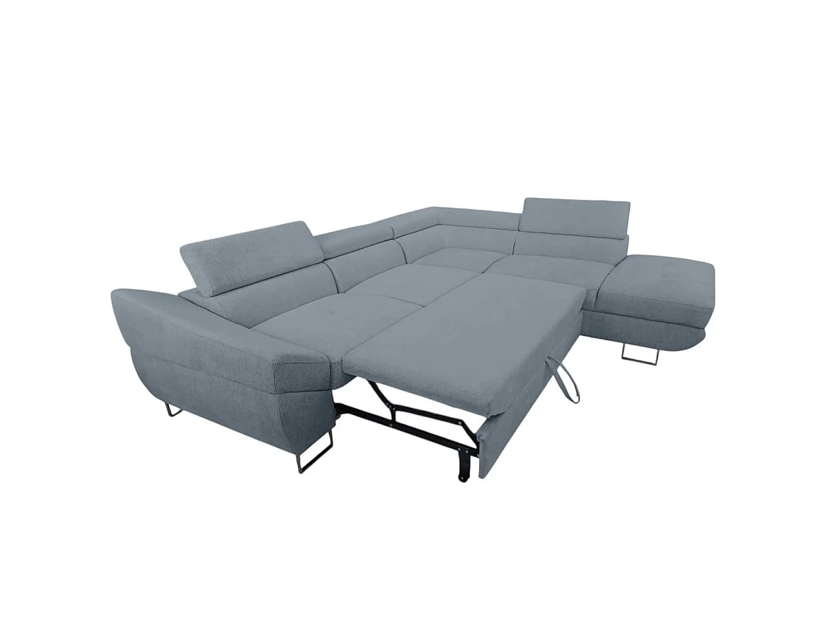 Canapé d'angle droit convertible 5 places avec coffre en tissu bleu CASSIOPE