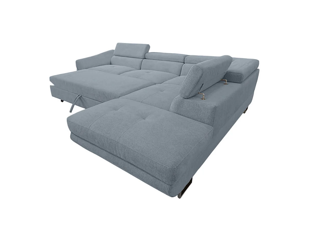 Canapé d'angle droit convertible 5 places avec coffre en tissu bleu CASSIOPE
