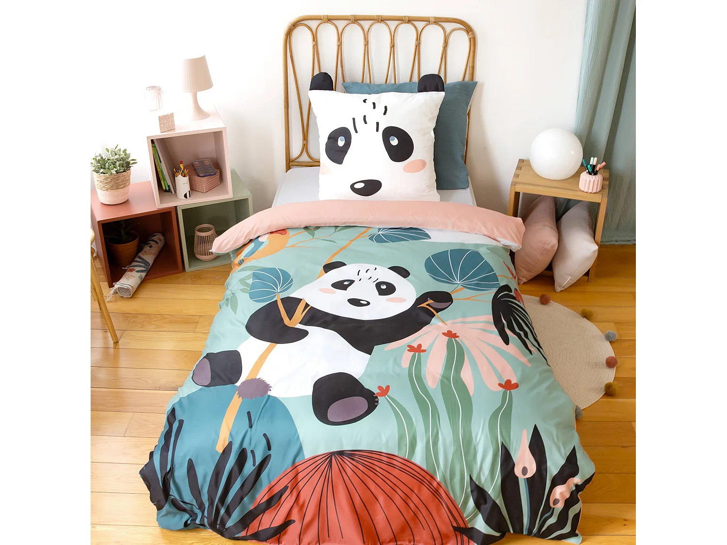 Set biancheria da letto in microfibra reversibile con stampa di panda,