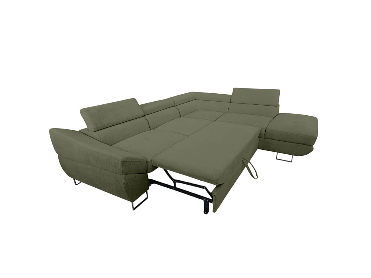 Canapé d'angle droit convertible 5 places avec coffre en tissu vert foncé CASSIOPE