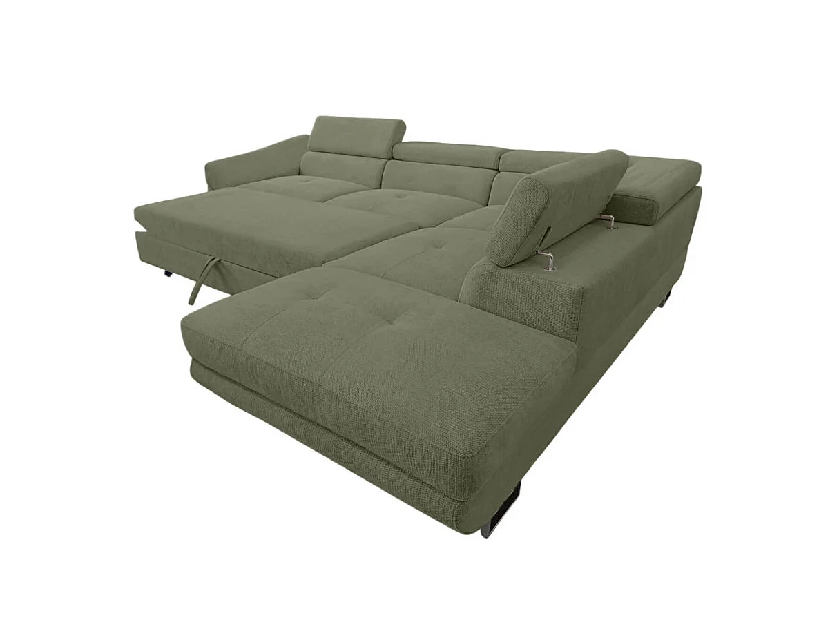 Canapé d'angle droit convertible 5 places avec coffre en tissu vert foncé CASSIOPE