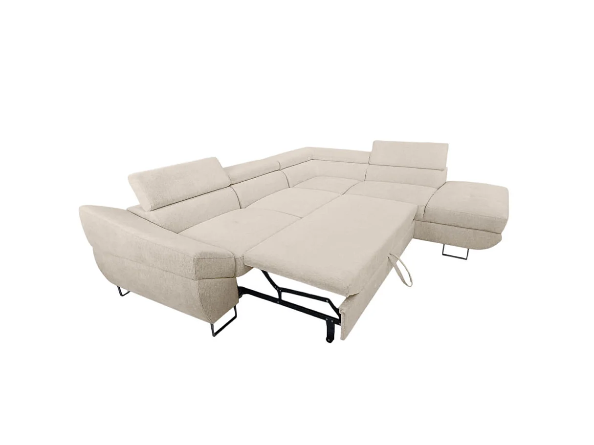 Canapé d'angle droit convertible 5 places avec coffre en tissu beige CASSIOPE