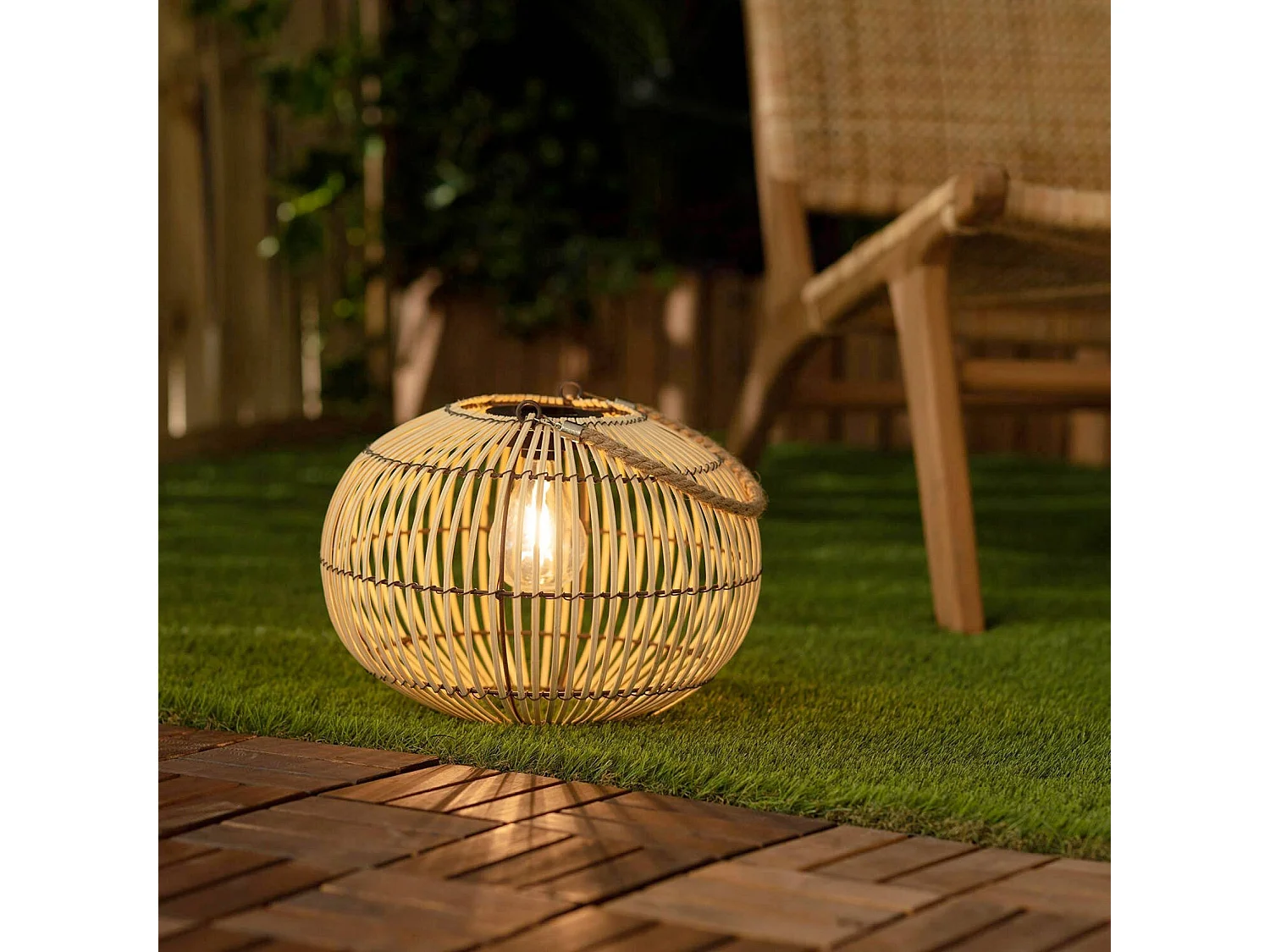 Lampe extérieur solaire LED à suspendre ou à poser Lilou rotin naturel Ø 31.5cm