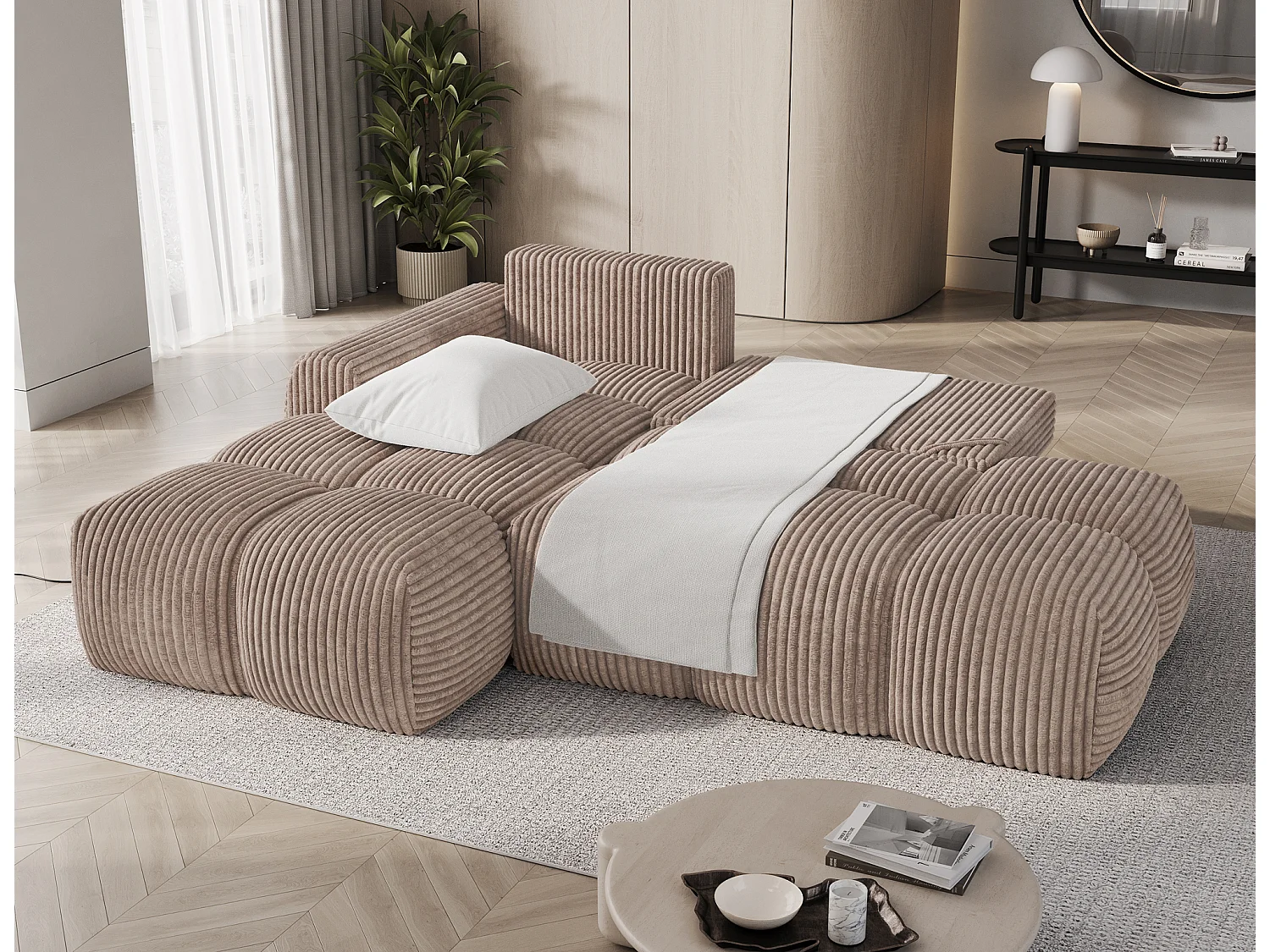 Sofá cama esquinero BINUTO de 3 plazas en tela, 227 cm - Compartimento de almacenaje-Marrón-Ángulo izquierdo