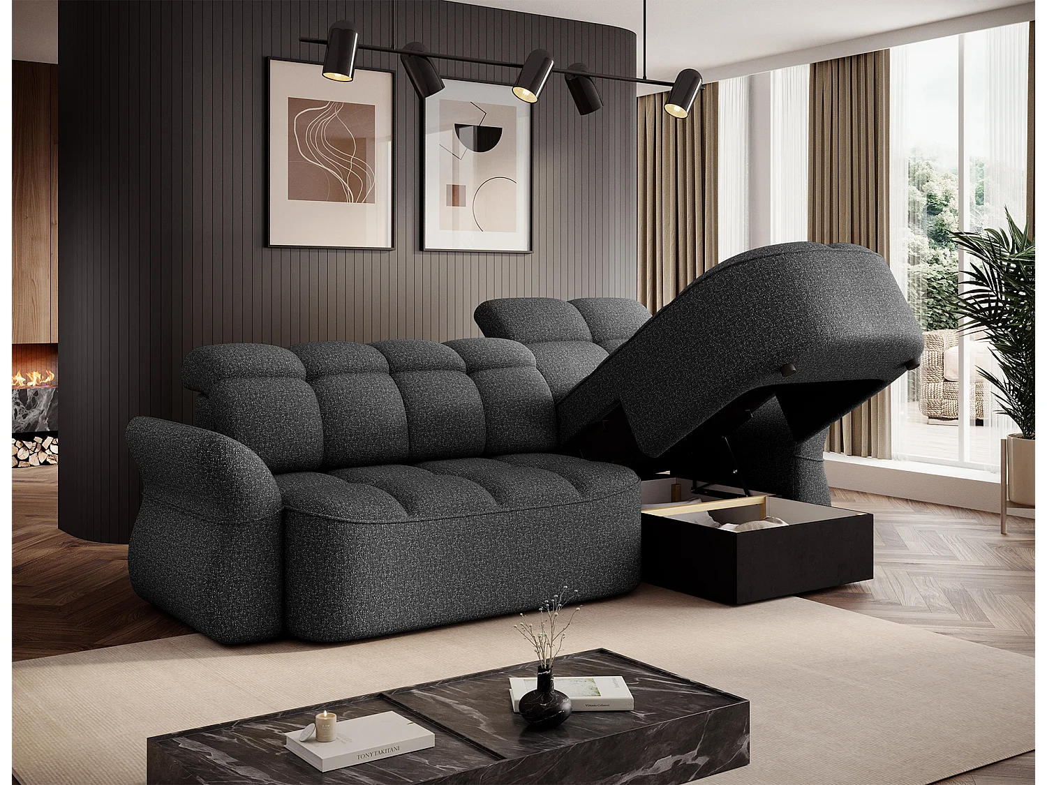 Canapé d’angle convertible 4 places CENTURY en tissu avec coffre – 301cm-Gris foncé-angle droit
