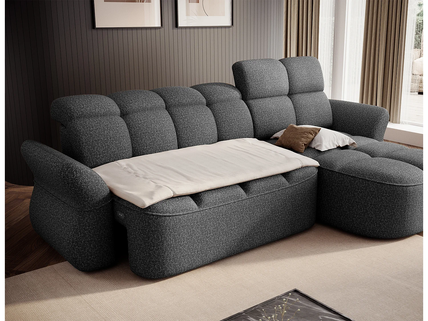 Canapé d’angle convertible 4 places CENTURY en tissu avec coffre – 301cm-Gris foncé-angle droit