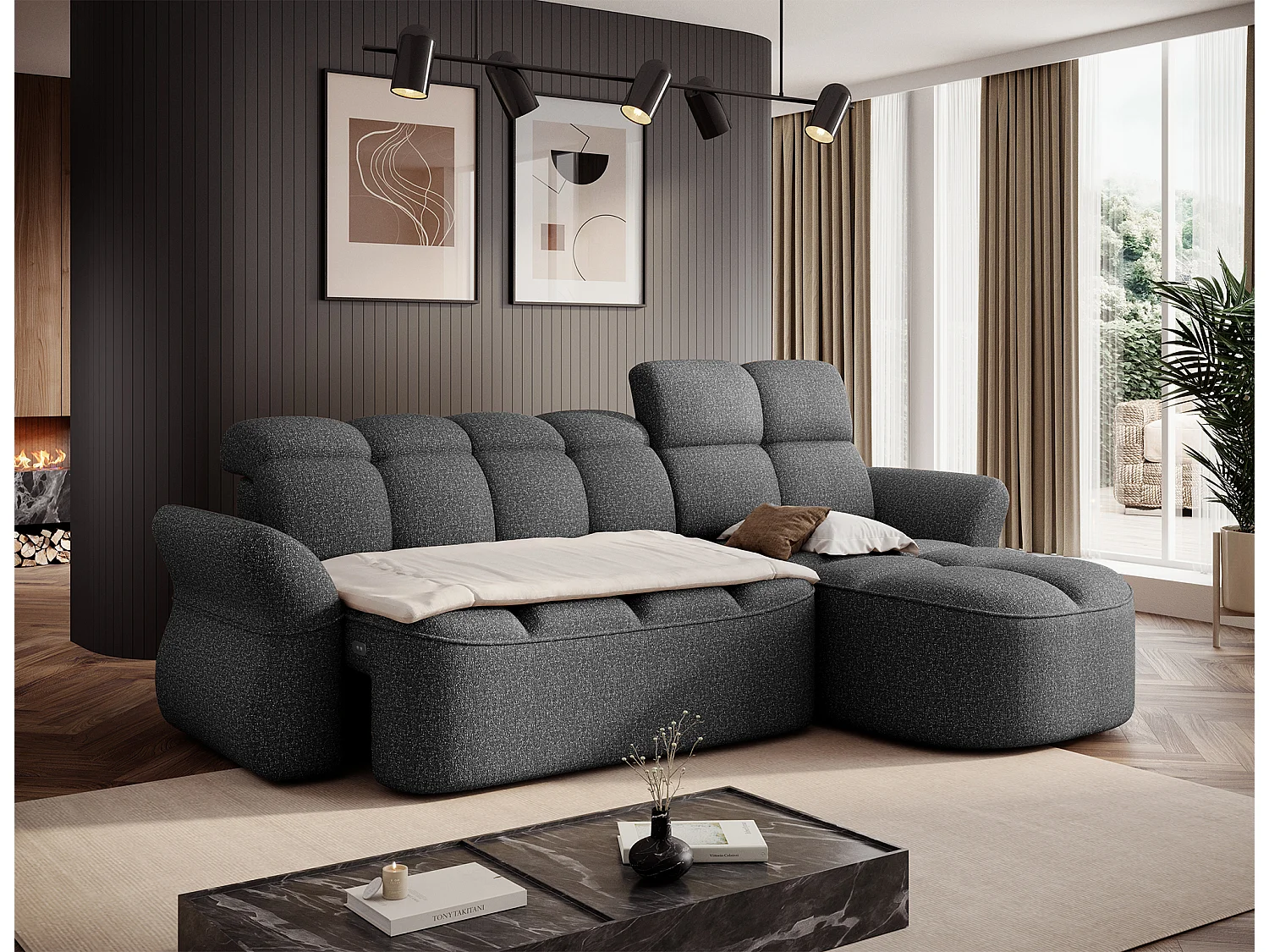Canapé d’angle convertible 4 places CENTURY en tissu avec coffre – 301cm-Gris foncé-angle droit