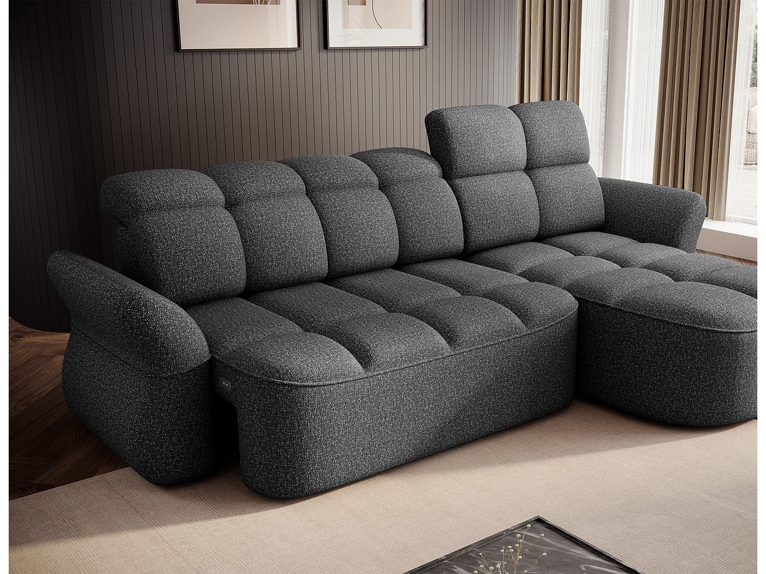 Canapé d’angle convertible 4 places CENTURY en tissu avec coffre – 301cm-Gris foncé-angle droit