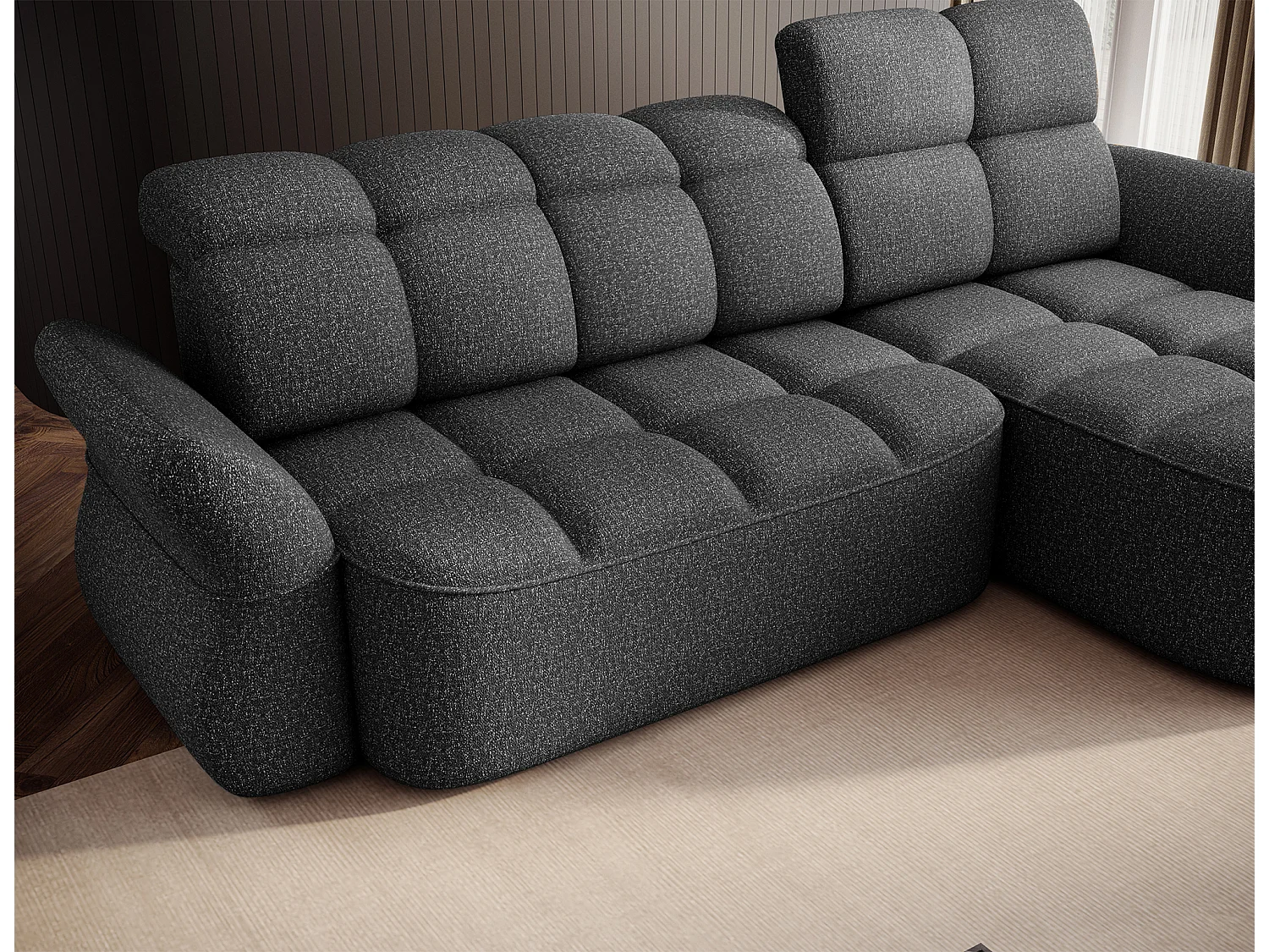 Canapé d’angle convertible 4 places CENTURY en tissu avec coffre – 301cm-Gris foncé-angle droit