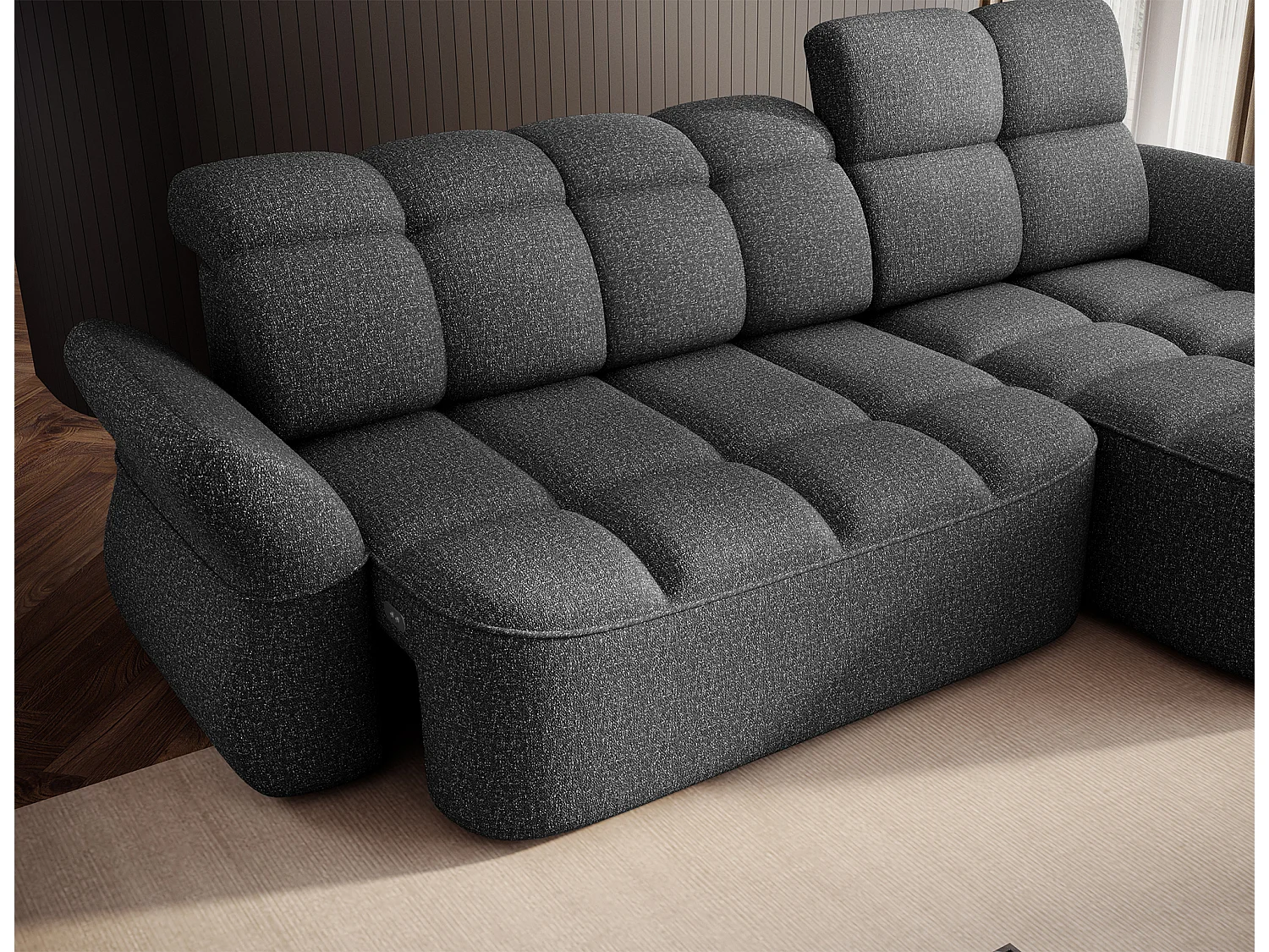 Canapé d’angle convertible 4 places CENTURY en tissu avec coffre – 301cm-Gris foncé-angle droit